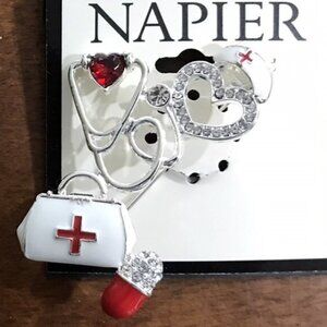 NAPIER Hearts Nurse Medical Worker Silver Enamel Clear/Red Crystal Brooch Pin